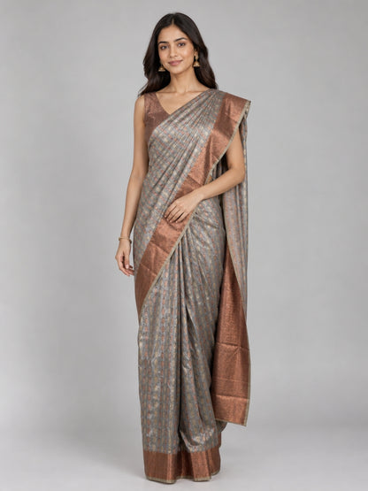Grey Silk Blend Embellished Saree