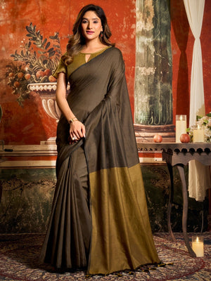 Rajwada Brown Cotton Blend Plain Saree For Women
