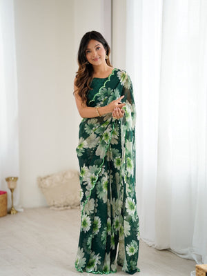 Rajwada Green Georgette Floral Print Saree For Women