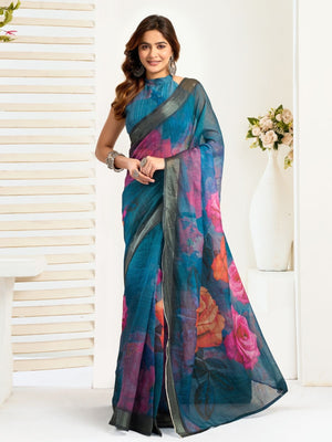 Rajwada Teal Blue Cotton Linen Zari Work Saree For Women