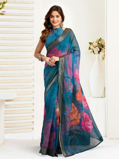 Rajwada Teal Blue Cotton Linen Zari Work Saree For Women
