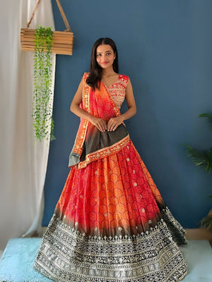 Rajwada Pink And Orange Silk Blend Embroidered Semi-Stitched lehenga For Women