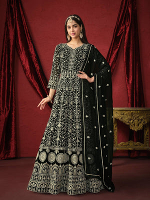 Rajwada Black Faux Georgette Embroidery Unstitched Gown For Women