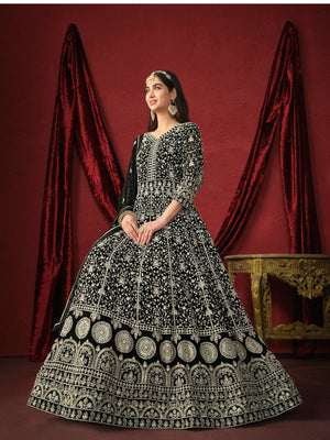Rajwada Black Faux Georgette Embroidery Unstitched Gown For Women
