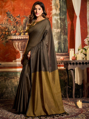 Rajwada Brown Cotton Blend Plain Saree For Women