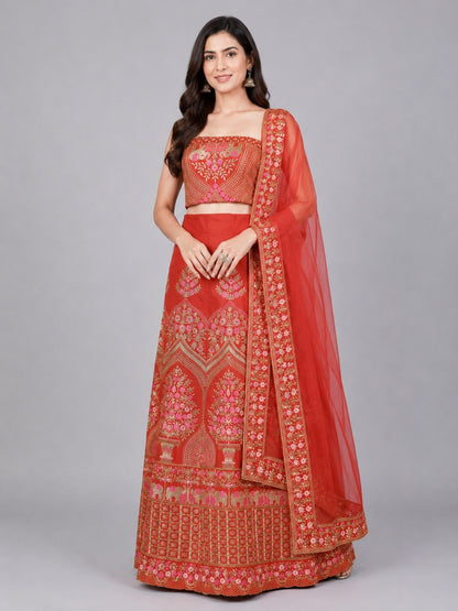 Red Silk Blend Embellished Lehenga