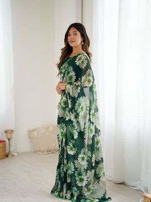 Rajwada Green Georgette Floral Print Saree For Women