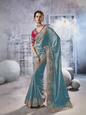 Rajwada Sea Green Georgette Crush Embroidered Elegant Saree For Women