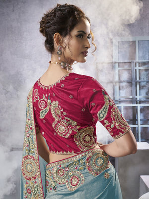 Rajwada Sea Green Georgette Crush Embroidered Elegant Saree For Women