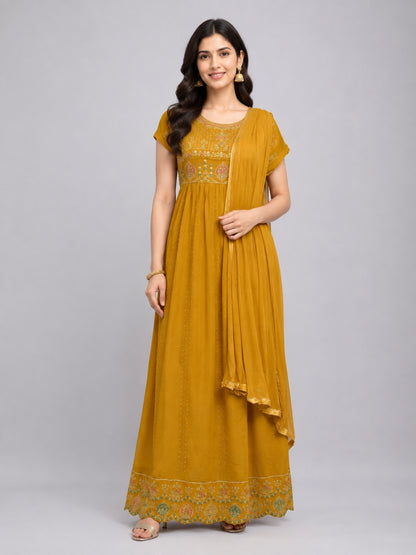Mustard Yellow Silk Blend Embellished Kurta Set