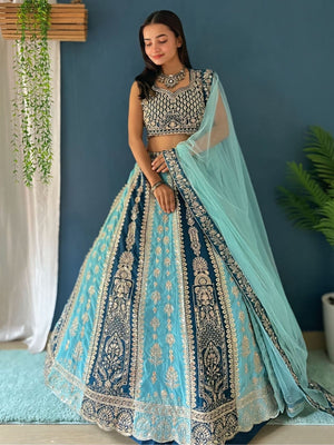 Rajwada Sky Blue And Teal Georgette Embroidered Semi-Stitched lehenga For Women