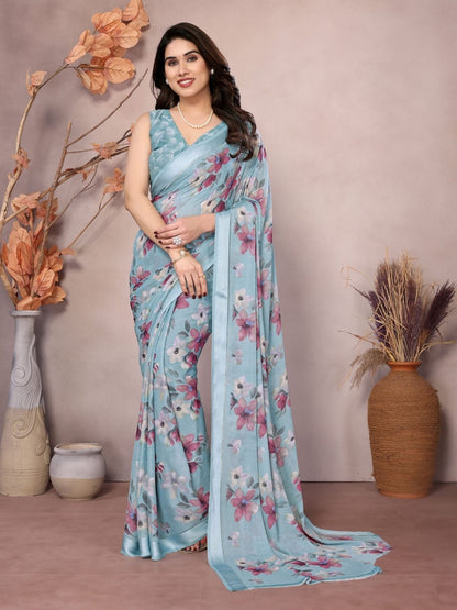Rajwada Sky Blue Georgette Printed Saree For Women