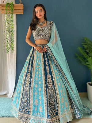 Rajwada Sky Blue And Teal Georgette Embroidered Semi-Stitched lehenga For Women
