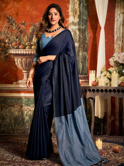 Rajwada Navy Blue Cotton Blend Plain Saree For Women