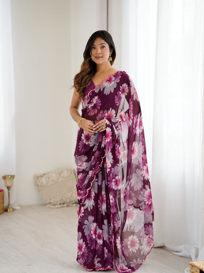 Rajwada Wine Georgette Floral Print Saree For Women