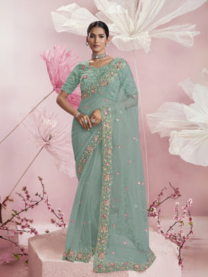 Rajwada Sea Green Net Embellished Elegant Saree For Women