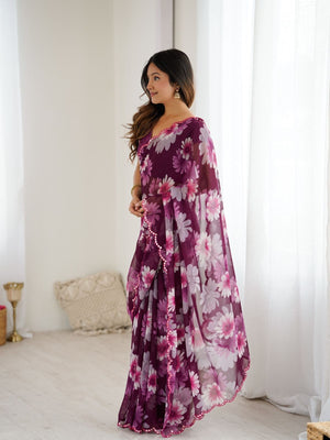 Rajwada Wine Georgette Floral Print Saree For Women