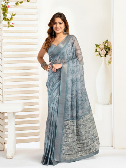 Rajwada Grey Cotton Linen Zari Work Saree For Women