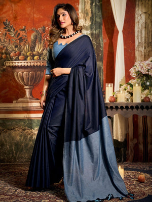 Rajwada Navy Blue Cotton Blend Plain Saree For Women