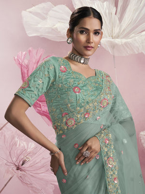 Rajwada Sea Green Net Embellished Elegant Saree For Women