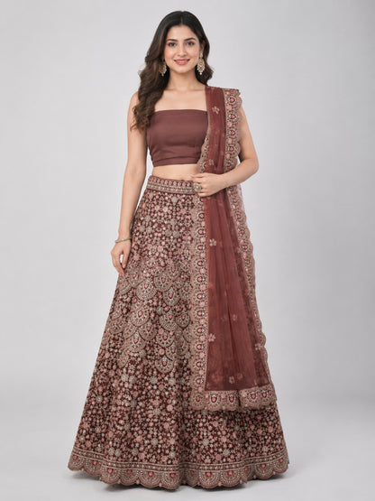 Brown Silk Blend Embellished Lehenga