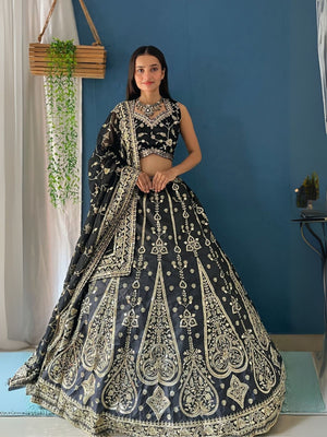 Rajwada Black Silk Blend Embroidered Semi-Stitched lehenga For Women