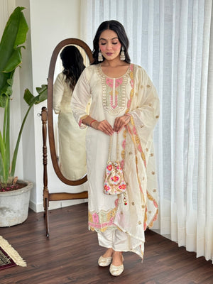 Rajwada White Viscose chanderi Embroidered Stitched Kurta Set For Women