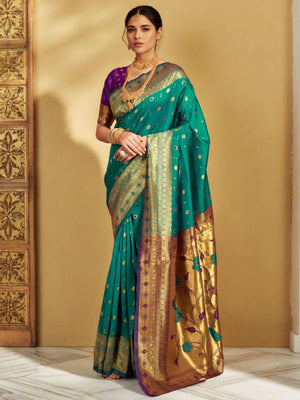 Rajwada Teal Green Silk Blend Woven Pithani Saree For Women