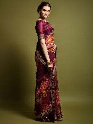 Rajwada Maroon Georgette Embroidered Printed Saree For Women