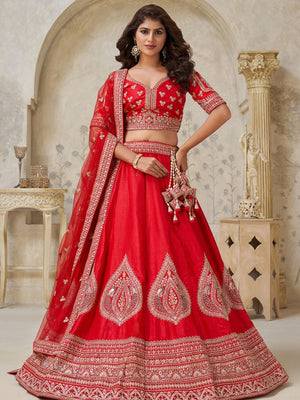 Rajwada Red Silk Blend Embroidered Semi-Stitched Lehenga For Women