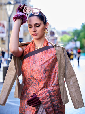 Rajwada Orange Satin Printed Saree With Unstitched Blouse For Women