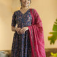 Rajwada Navy Blue Rayon Printed Stitched Kurta Set For Women