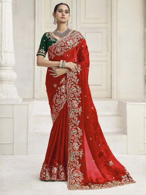 Rajwada Red Satin Embroidered Saree For Women