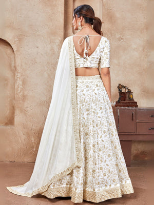 Rajwada White Silk Blend Embroidered Semi-Stitched Lehenga For Women