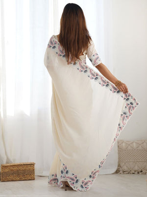 Rajwada Off White Silk Blend Embroidered Solid Saree For Women