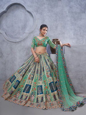 Rajwada Green Organza Embellished Semi-Stitched Lehenga With Unstitched Blouse For Women