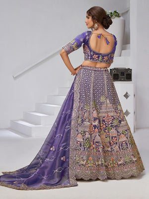 Rajwada Purple Organza Tissue Embroidered Semi-Stitched Lehenga For Women
