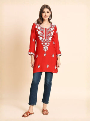 Rajwada Red Rayon Embroidered Kurti For Women