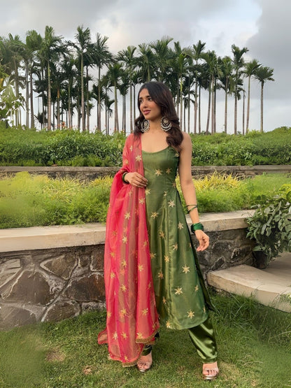 Rajwada Green Silk Blend Embroidered Stitched Kurta Set For Women