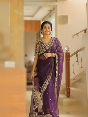 Rajwada Wine Soft Orgenza Silk Embellished Saree For Women
