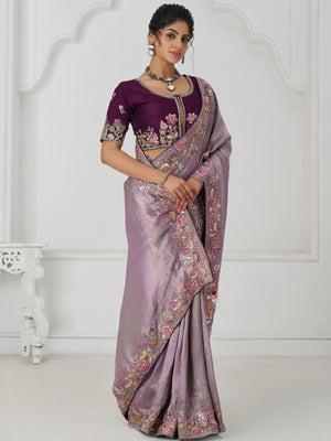 Rajwada Lavender Viscose Silk Embroidered Saree For Women