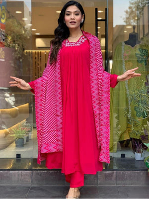 Rajwada Red Viscose Embroidered Stitched Kurta Set for Women