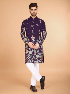 Rajwada Purple Viscose Rayon Stitched Kurta For Men