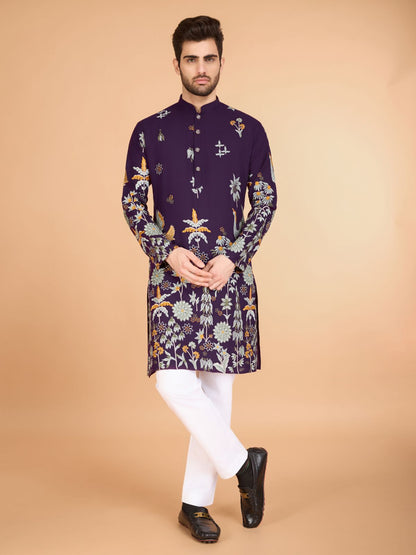 Rajwada Purple Viscose Rayon Stitched Kurta For Men
