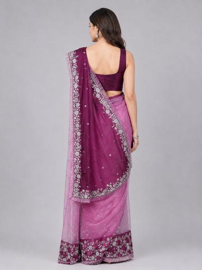 Dark Purple Silk Blend Embellished Saree