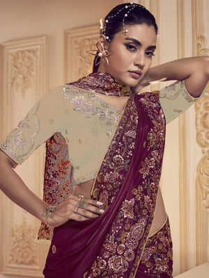 Rajwada Dark Purple Satin Embroidered Elegant Saree For Women