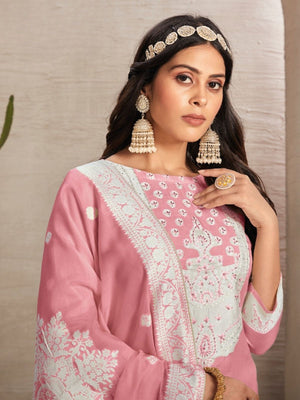 Rajwada Pink Organza Embroidered Semi-Stitched Kurta Set For Women