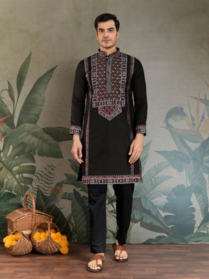 Rajwada Black Viscose Silk Embroidered Stitched Kurta For Men
