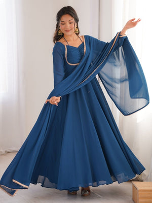 Rajwada Teal Blue Georgette Embellished Kurta Set For Women