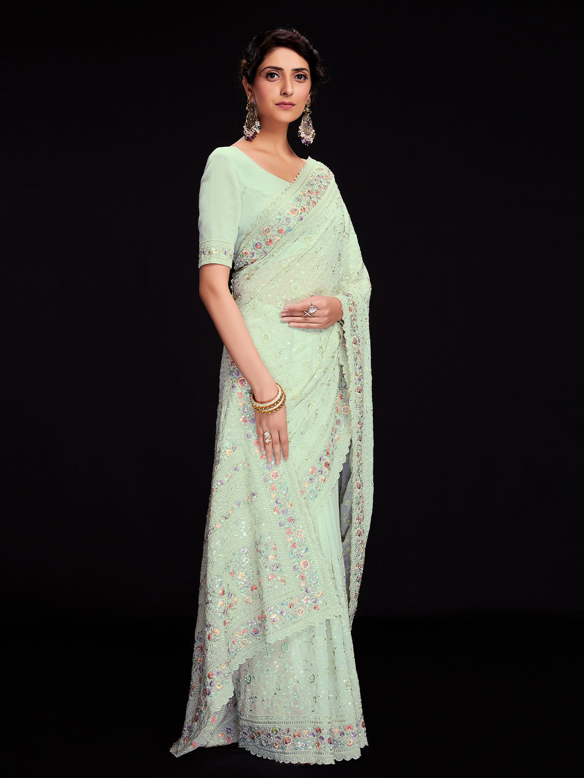 Rajwada - Sea Green Georgette Embroidered Saree with Unstitched Blouse